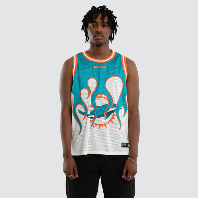 Model wears Miami Dolphins Basketball Jersey Aqua/White Jerseys in Blue - Image 4
