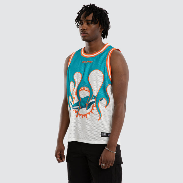 Model wears Miami Dolphins Basketball Jersey Aqua/White Jerseys in Blue - Image 5