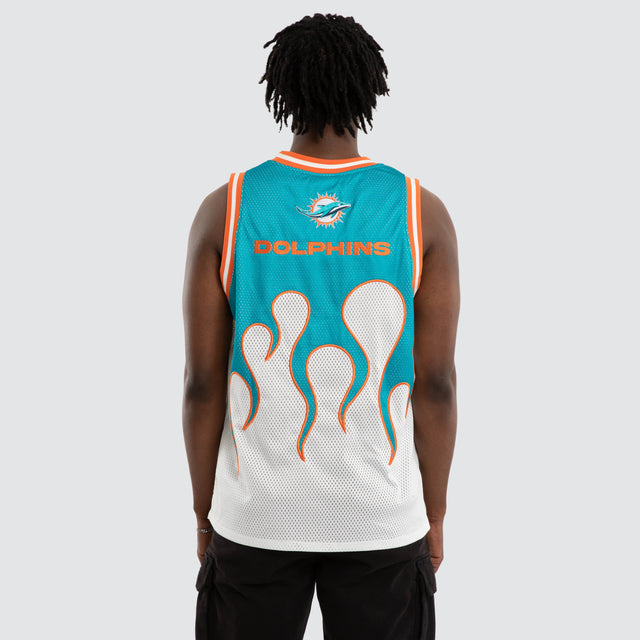 Model wears Miami Dolphins Basketball Jersey Aqua/White Jerseys in Blue - Image 6