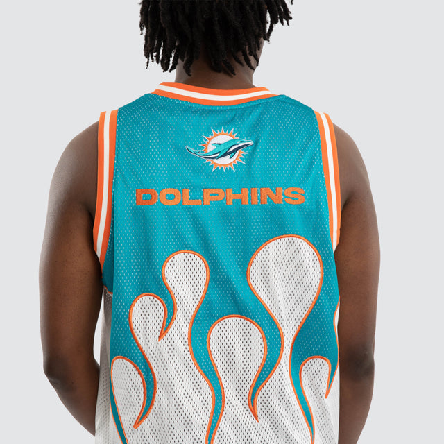 Model wears Miami Dolphins Basketball Jersey Aqua/White Jerseys in Blue - Image 2