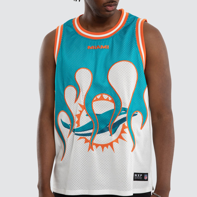 Model wears Miami Dolphins Basketball Jersey Aqua/White Jerseys in Blue - Image 7