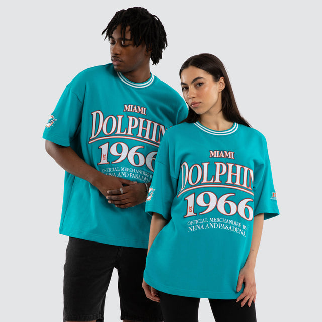 Model wears Miami Dolphins Game Tee Aqua T-Shirts in Green - Image 1