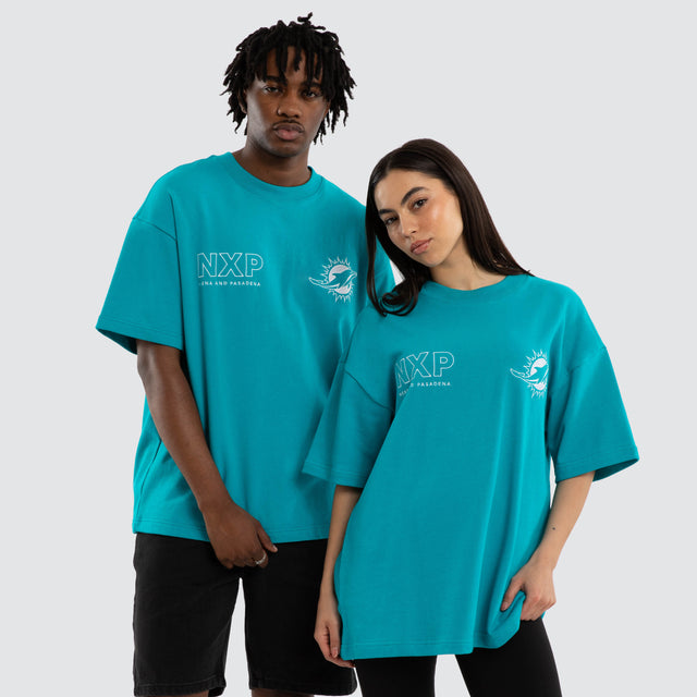 Model wears Miami Dolphins Positions Tee Aqua T-Shirts in Green - Image 1