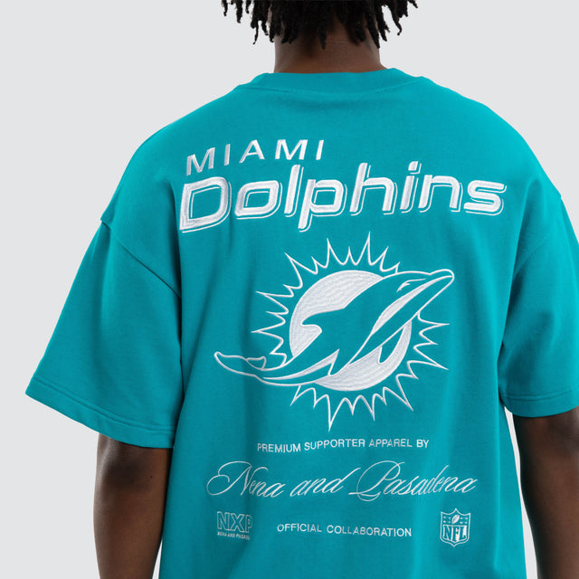 Model wears Miami Dolphins Positions Tee Aqua T-Shirts in Green - Image 2