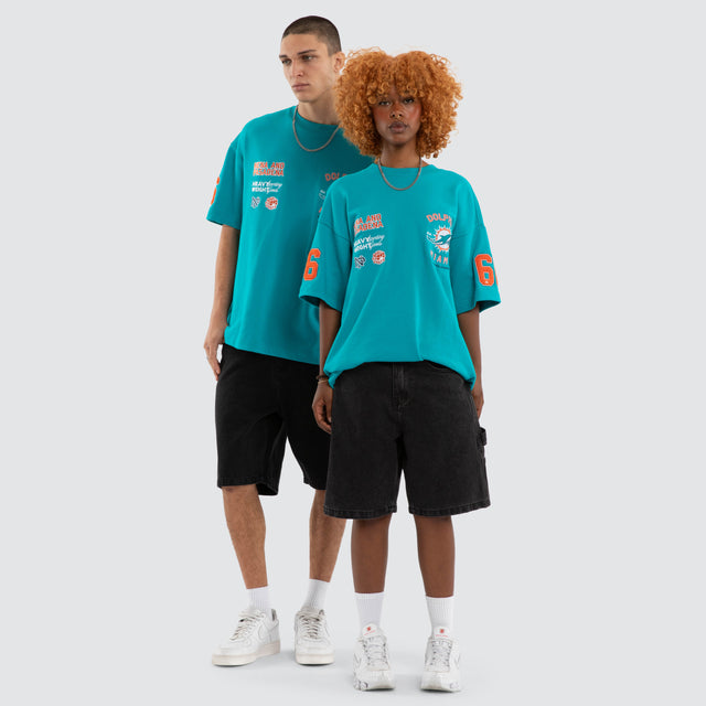 Model wears Miami Dolphins Founded Loopback Tee Aqua T-Shirts Green – image 2