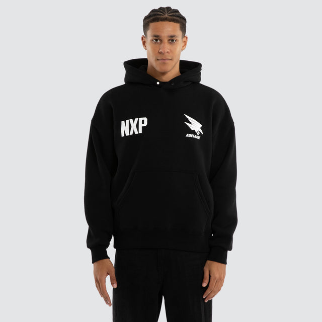Model wears Adelaide Crows Champions Box Fit Hoodie Jet Black Hoodies in Black - Image 2