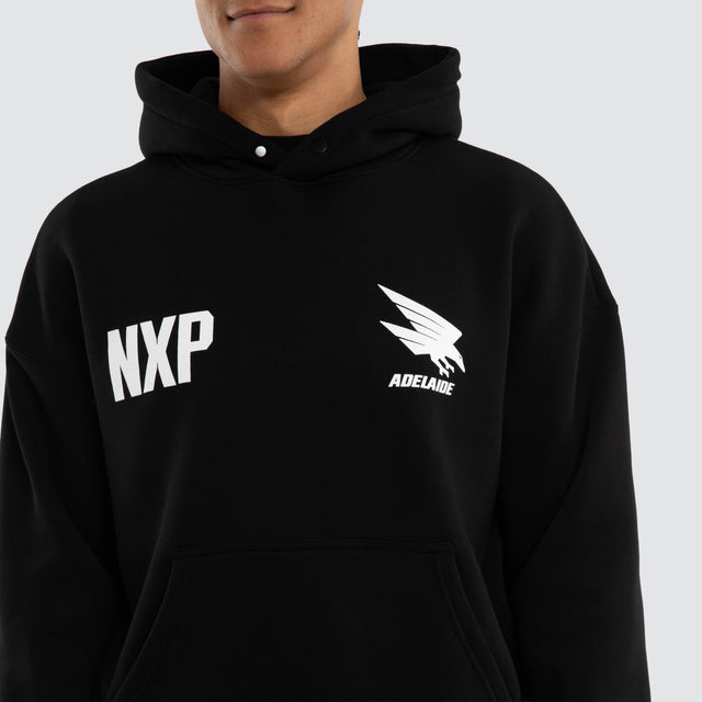 Model wears Adelaide Crows Champions Box Fit Hoodie Jet Black Hoodies in Black - Image 3