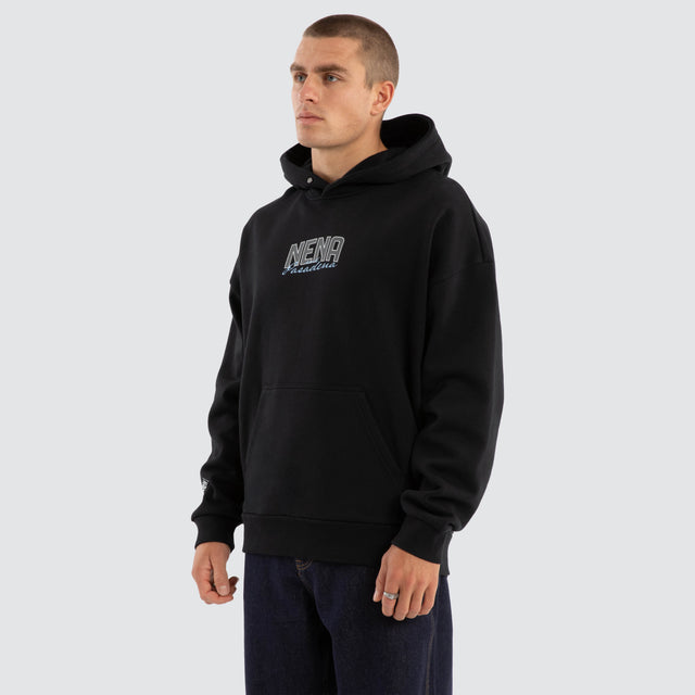 Model Wears Contained Relaxed Hoodie Anthracite Black Hoodies in Black - Image 3