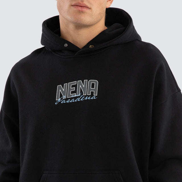 Model Wears Contained Relaxed Hoodie Anthracite Black Hoodies in Black - Image 6