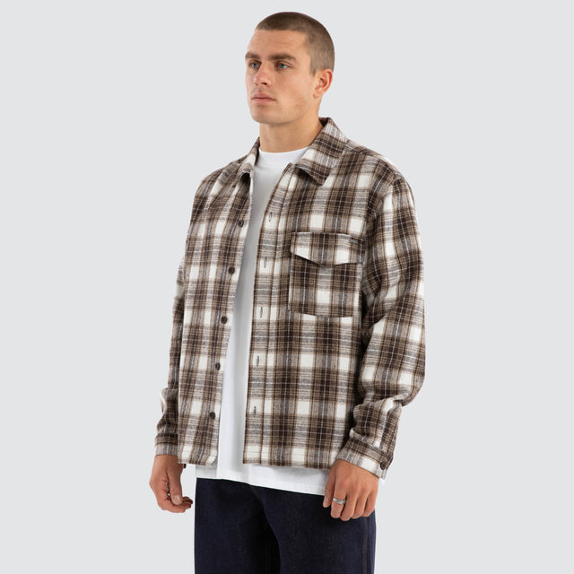 Model Wears Prime Overshirt Tan Check Long Sleeve Shirts in Brown - Image 4