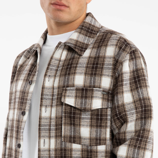 Model Wears Prime Overshirt Tan Check Long Sleeve Shirts in Brown - Image 7