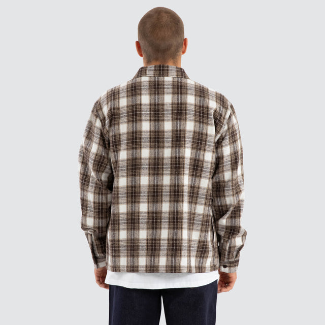 Model Wears Prime Overshirt Tan Check Long Sleeve Shirts in Brown - Image 3