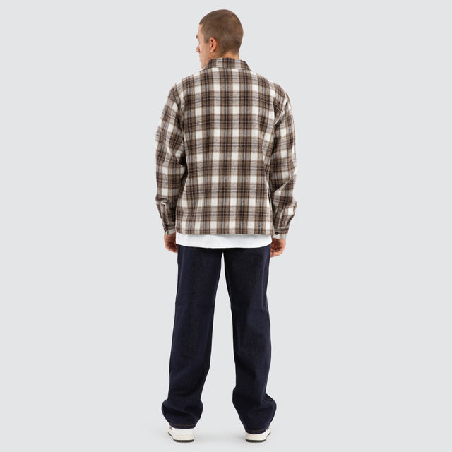 Model Wears Prime Overshirt Tan Check Long Sleeve Shirts in Brown - Image 6