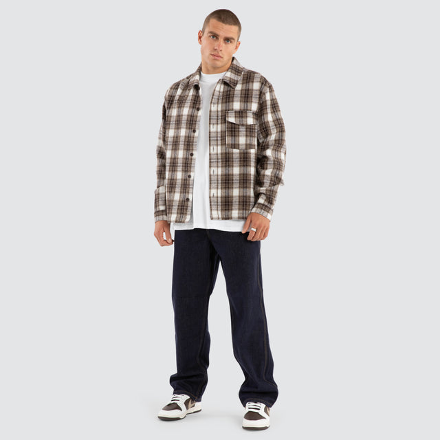 Model Wears Prime Overshirt Tan Check Long Sleeve Shirts in Brown - Image 5