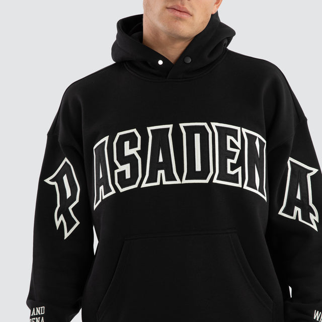 Model Wears Fence Box Fit Hoodie Jet Black Hoodies in Black - Image 7