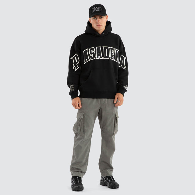 Model Wears Fence Box Fit Hoodie Jet Black Hoodies in Black - Image 5