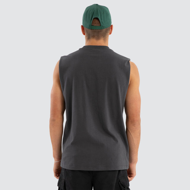Model wears March Heavyweight Box Fit Muscle Tee in Asphalt Grey Muscle Tees in Grey - Image 2