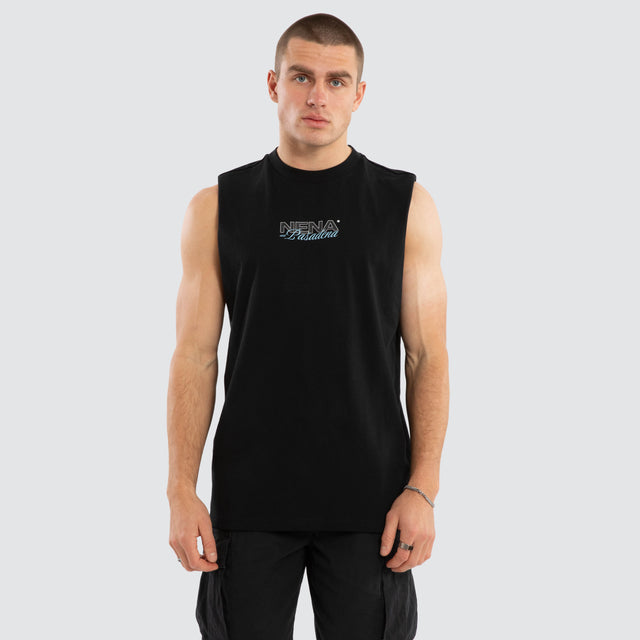 Model wears Conclude Relaxed Muscle Jet Black Muscle Tees in Black - Image 1