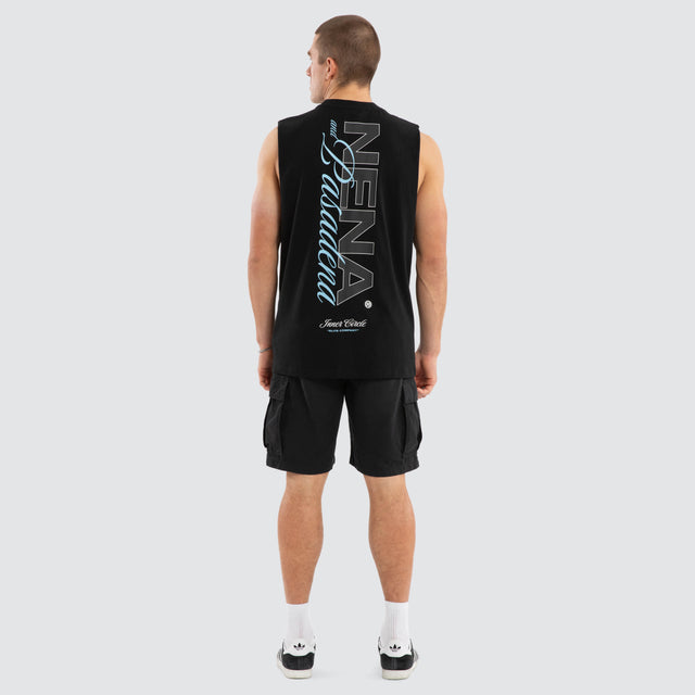Model wears Conclude Relaxed Muscle Jet Black Muscle Tees in Black - Image 5