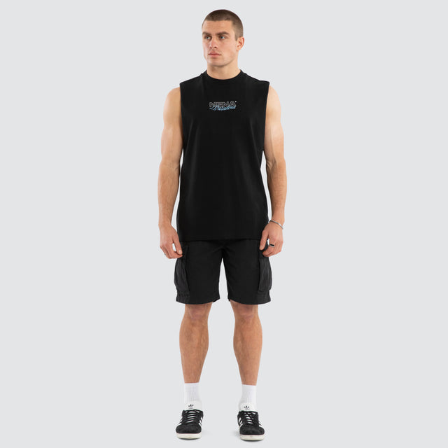 Model wears Conclude Relaxed Muscle Jet Black Muscle Tees in Black - Image 3