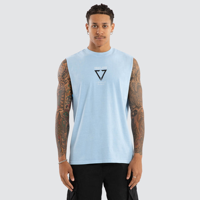 Model wears Warping Relaxed Muscle Pigment Blue Bell Muscle Tees in Blue - Image 2