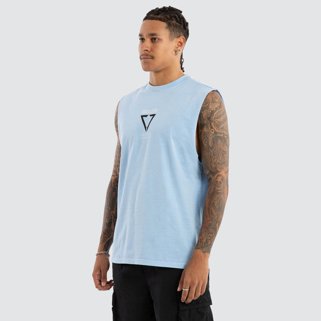 Model wears Warping Relaxed Muscle Pigment Blue Bell Muscle Tees in Blue - Image 3