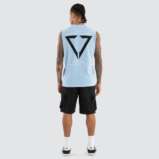 Model wears Warping Relaxed Muscle Pigment Blue Bell Muscle Tees in Blue - Image 4