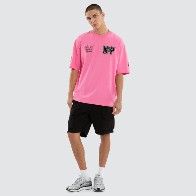 Model wears Figures Oversized Tee Pink T-Shirts in Pink - Image 5