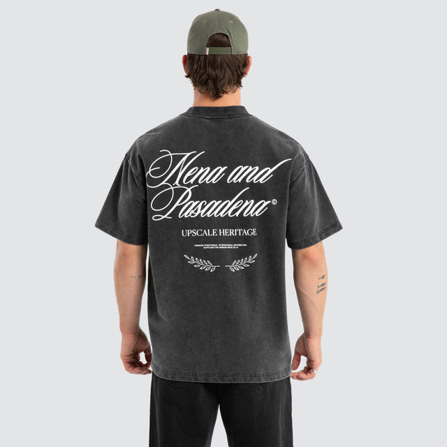 Model wears Heritage Loopback Raptor Tee Mineral Black T-Shirts Black – image 2