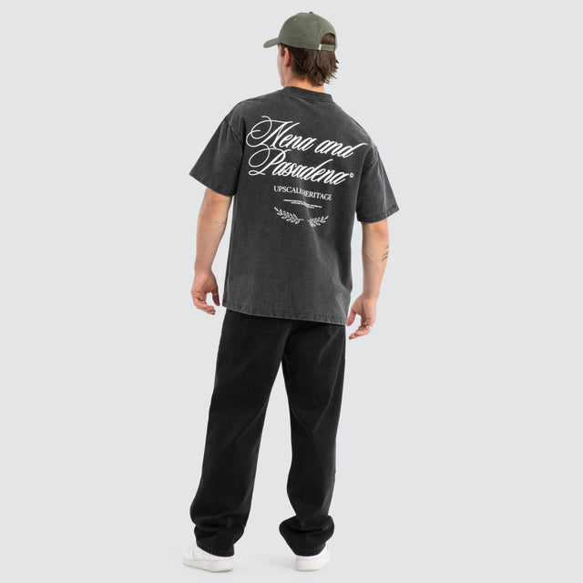 Model wears Heritage Loopback Raptor Tee Mineral Black T-Shirts Black – image 4