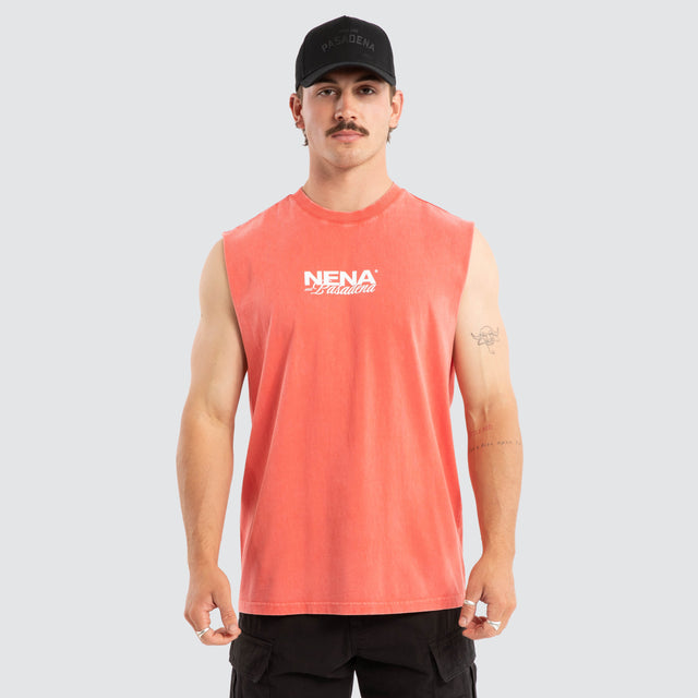 Model wears Demand Relaxed Muscle Acid Wash Cayenne Muscle Tees Red – image 2