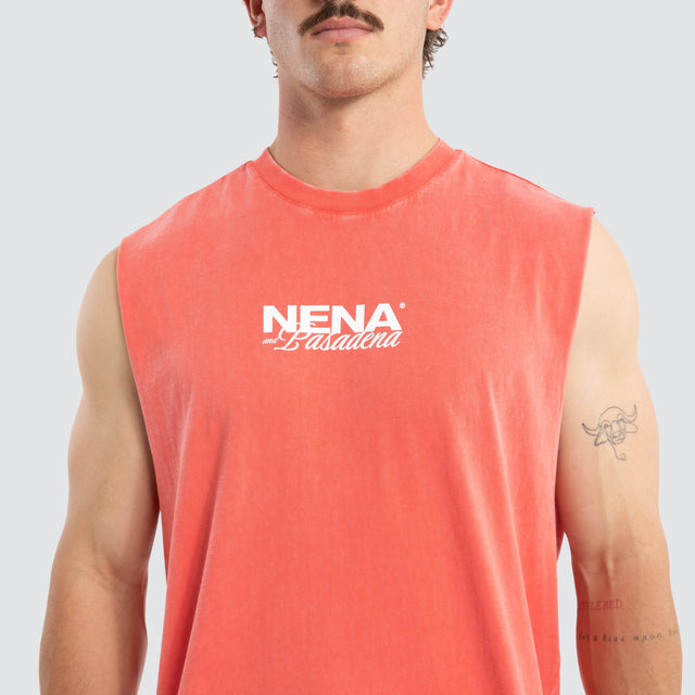 Model wears Demand Relaxed Muscle Acid Wash Cayenne Muscle Tees Red – image 3