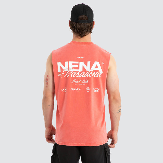 Model wears Demand Relaxed Muscle Acid Wash Cayenne Muscle Tees Red – image 1