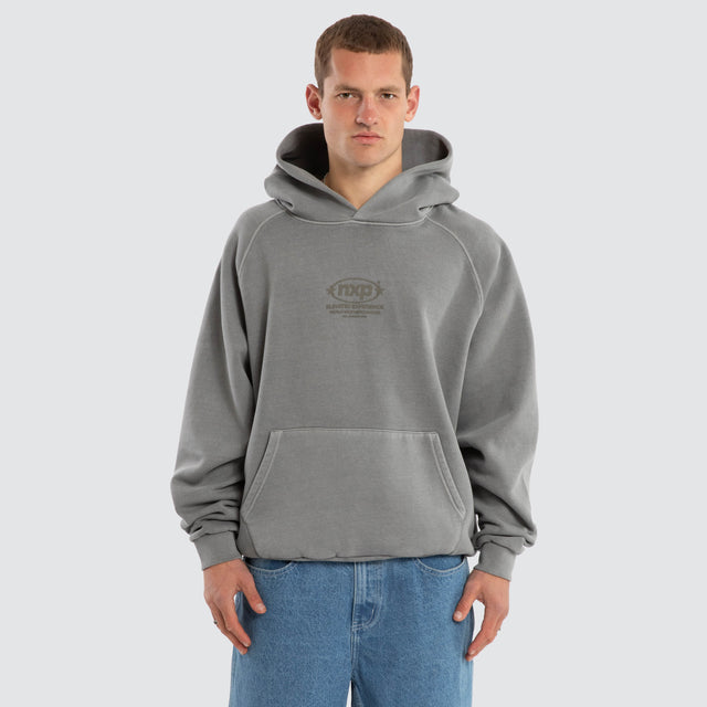 Model wears Rhythm Raglan Fleece Hoodie Pigment Frost Grey Hoodies in Grey - Image 1