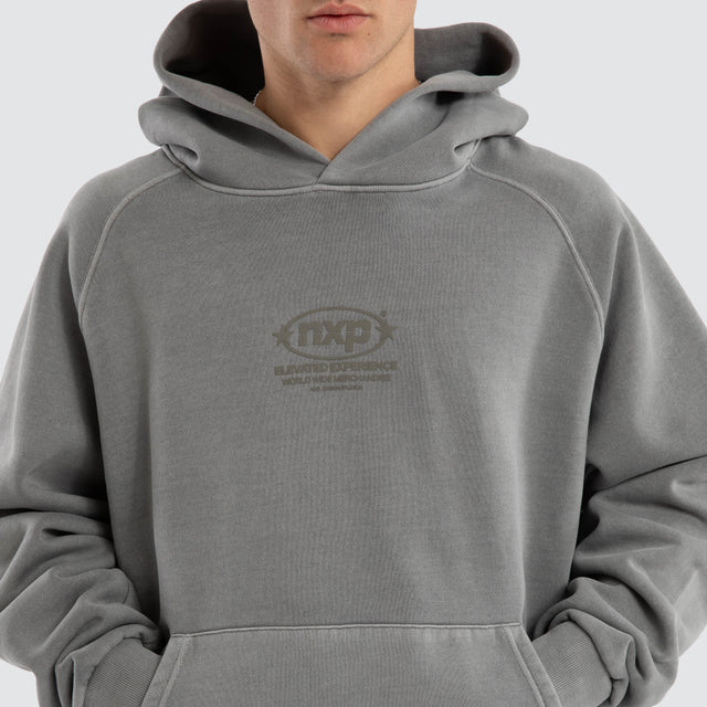 Model wears Rhythm Raglan Fleece Hoodie Pigment Frost Grey Hoodies in Grey - Image 4