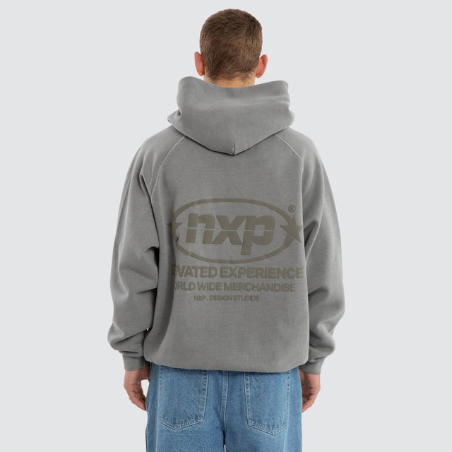 Model wears Rhythm Raglan Fleece Hoodie Pigment Frost Grey Hoodies in Grey - Image 2