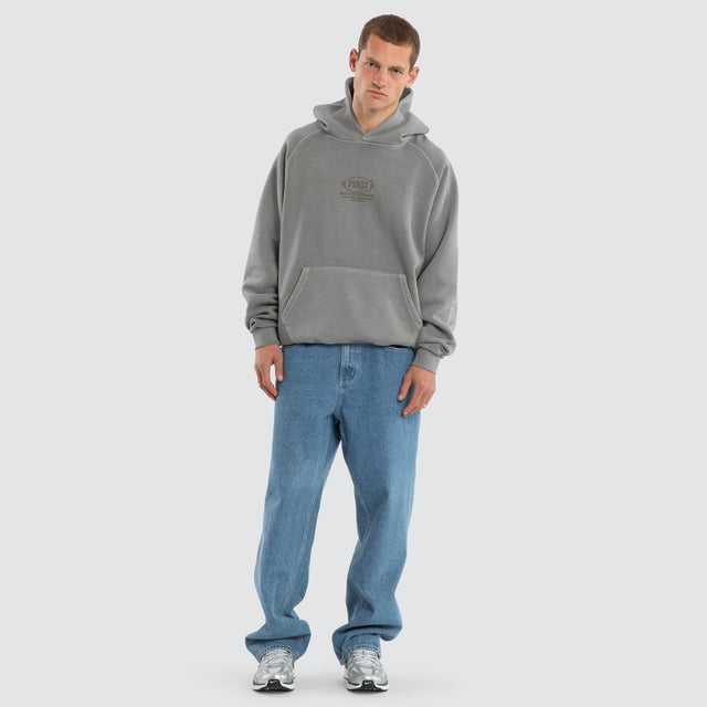 Model wears Rhythm Raglan Fleece Hoodie Pigment Frost Grey Hoodies in Grey - Image 6