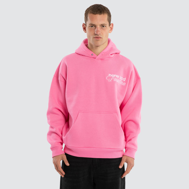 Model wears Limitless Box Fit Hoodie Pink Hoodies in Pink - Image 2