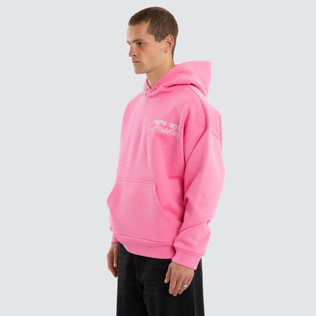 Model wears Limitless Box Fit Hoodie Pink Hoodies in Pink - Image 7
