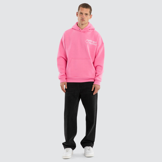 Model wears Limitless Box Fit Hoodie Pink Hoodies in Pink - Image 6