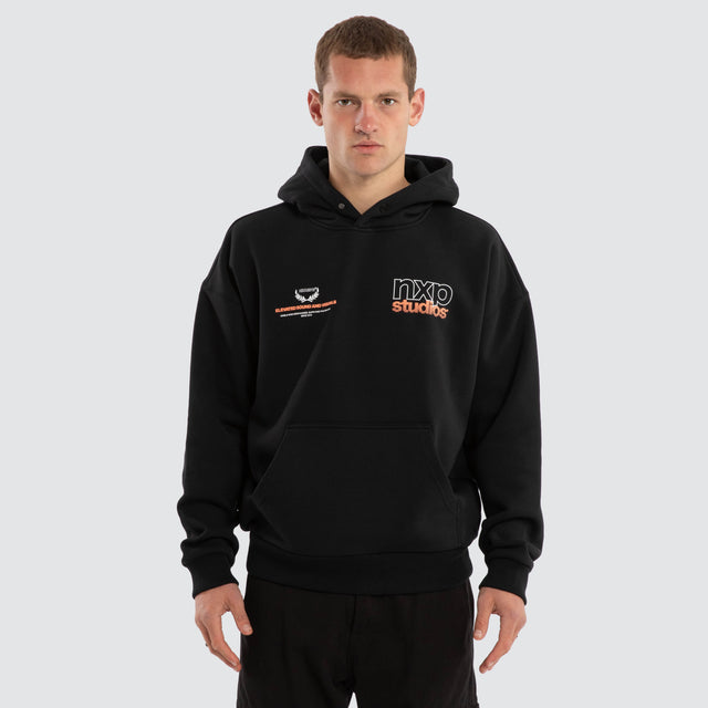Model wears Major Box Fit Hoodie Anthracite Black Hoodies in Black - Image 1