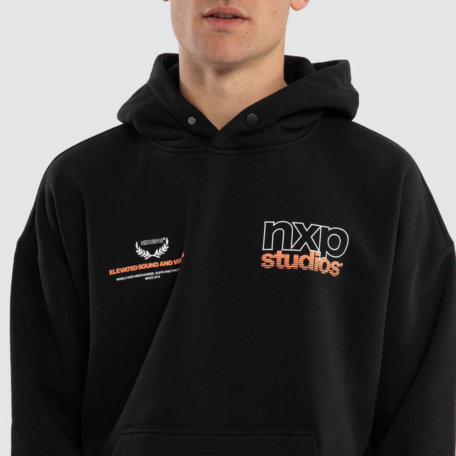 Model wears Major Box Fit Hoodie Anthracite Black Hoodies in Black - Image 2