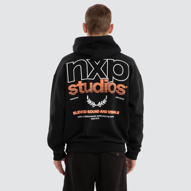Model wears Major Box Fit Hoodie Anthracite Black Hoodies in Black - Image 3