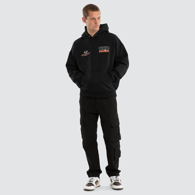 Model wears Major Box Fit Hoodie Anthracite Black Hoodies in Black - Image 5