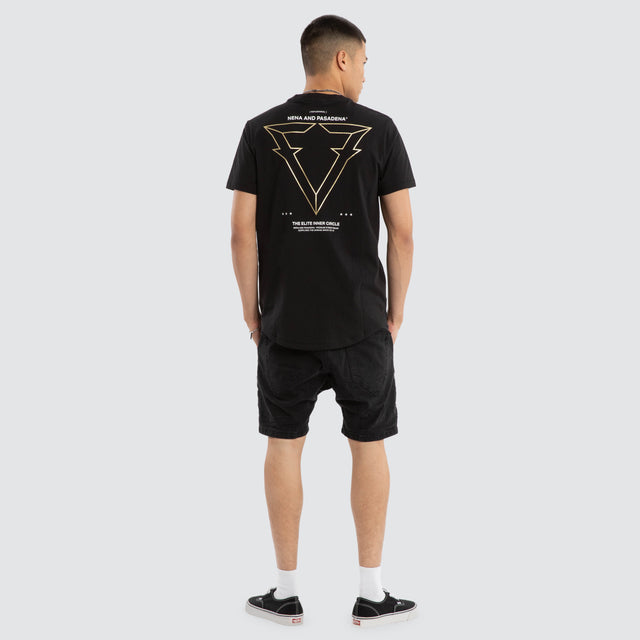 Model wears Forge Curved Hem Tee Jet Black T-Shirts in Black - Image 4