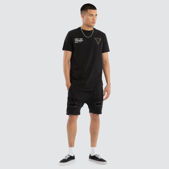 Model wears Forge Curved Hem Tee Jet Black T-Shirts in Black - Image 5