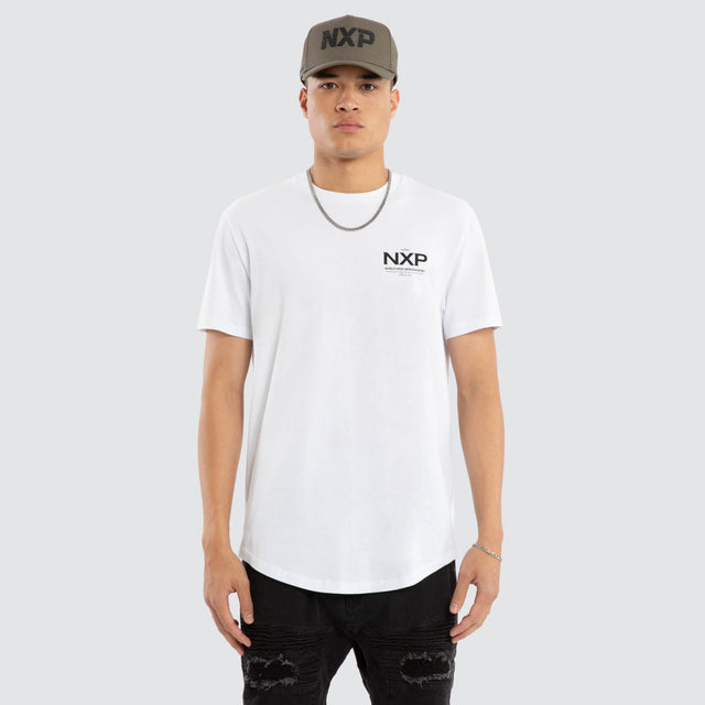 Model wears Peak Curved Hem Tee Optical White T-Shirts in White - Image 1