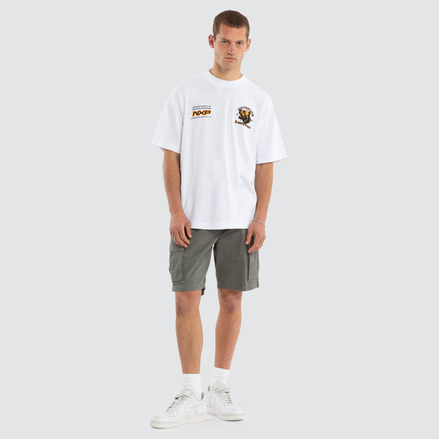 Model wears Beast Mode Raptor Tee Optical White T-Shirts in White - Image 5