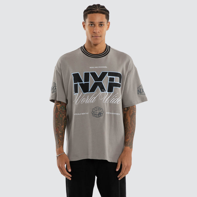 Model wears Fame Cotton Loopback Raptor Tee Grey T-Shirts in Grey - Image 1