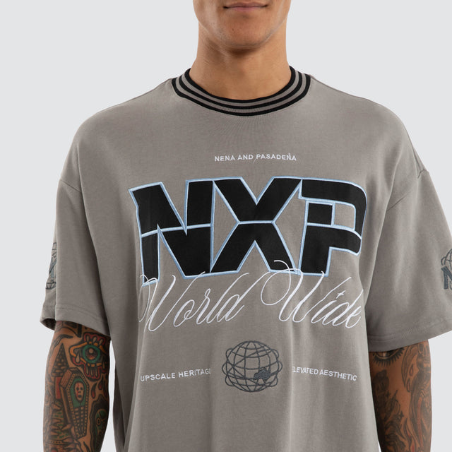 Model wears Fame Cotton Loopback Raptor Tee Grey T-Shirts in Grey - Image 2